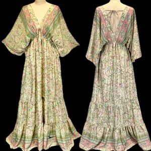 Zury bohemian silk kimono maxi dress paisley floral tiered ruffle prairie hippie